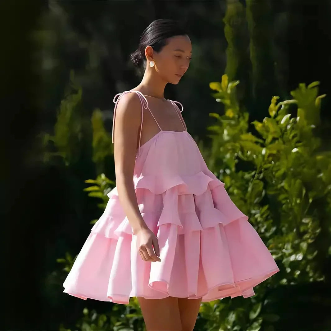Holiday Beach Sling Mini Dress New Summer Multi-layer Ruffle Cake Dress for Women Short Backless Sleeveless Dress 2024 Vestidos