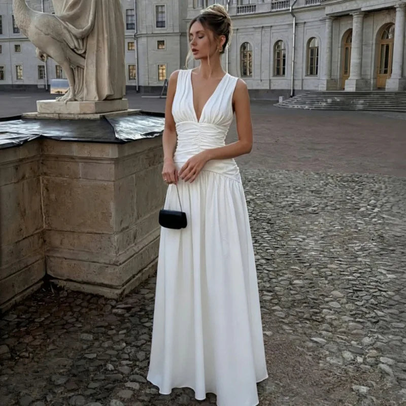 Women's White Maxi Dresses Sexy V-Neck Ruched Patchwork Backless Dress New Summer Elegant Women's Party Dress Vestidos
