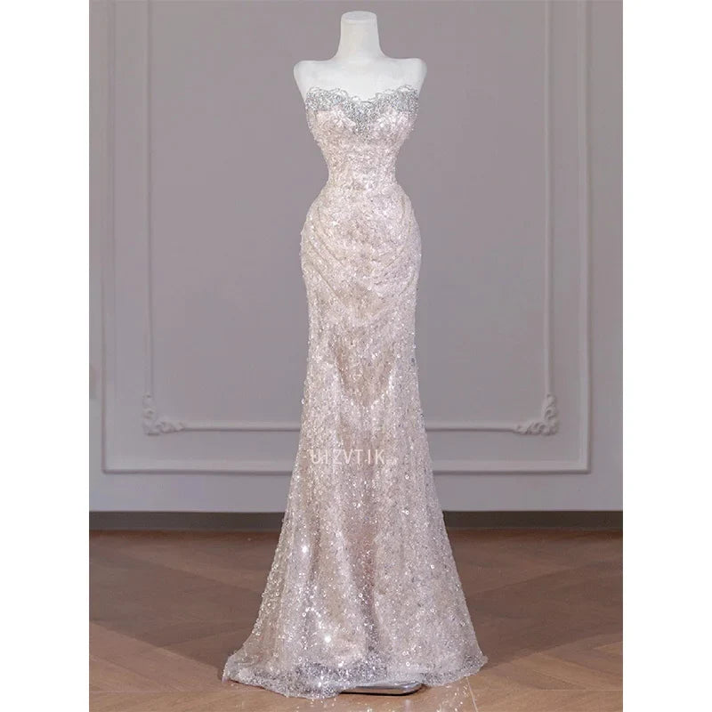 Sexy Champagne Sequins Prom Dresses Sweetheart Strapless Open Back Evening Party Dress Mermaid Sleeveless Formal Occasion Dress