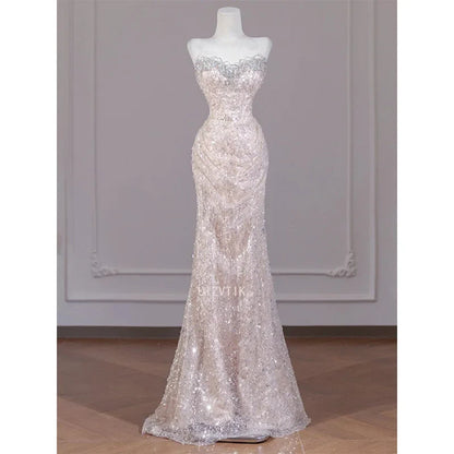 Sexy Champagne Sequins Prom Dresses Sweetheart Strapless Open Back Evening Party Dress Mermaid Sleeveless Formal Occasion Dress