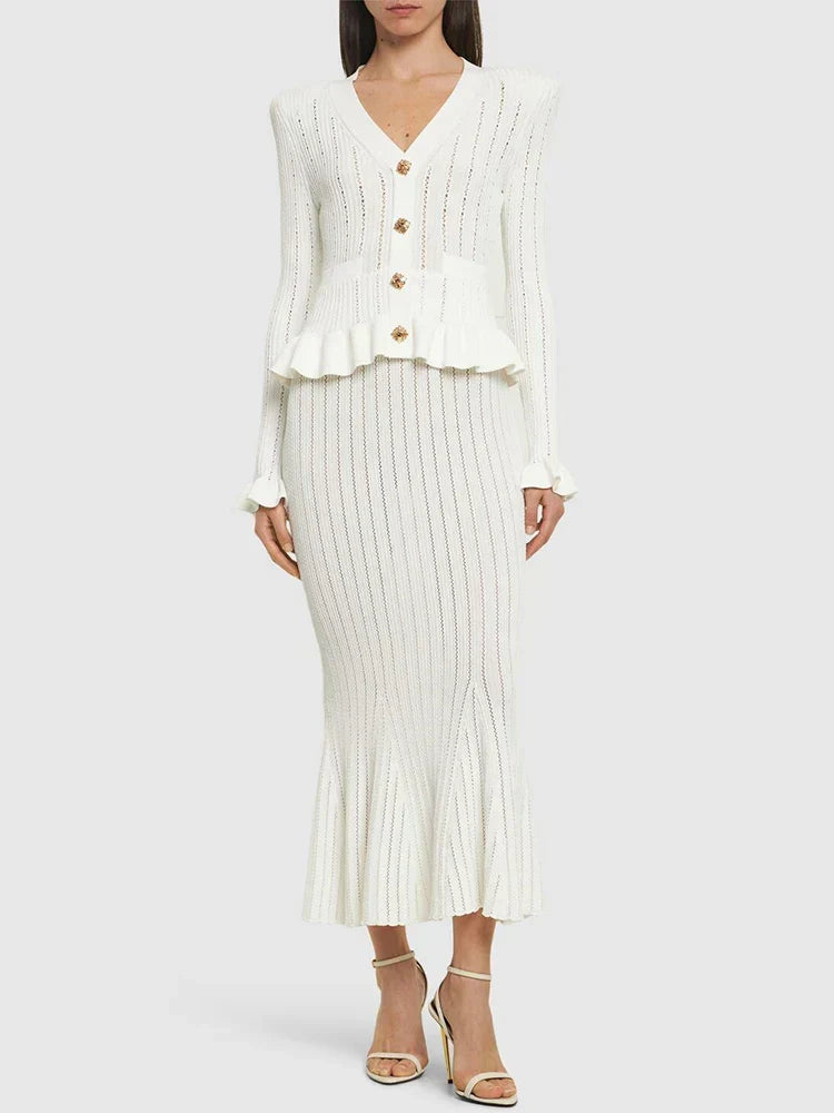 Ribbed Knit Ruffle Hem Button Front Cardigan and Mermaid Midi Skirt Set