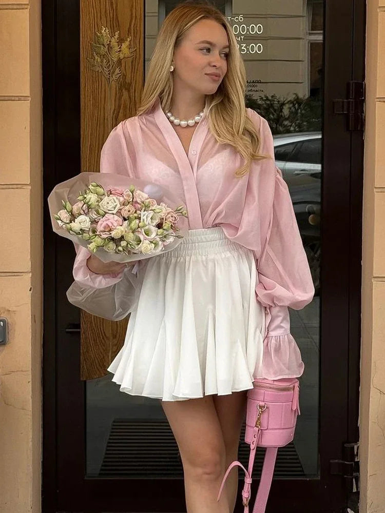 Loose See-Through Lapel Long Sleeve Blouse