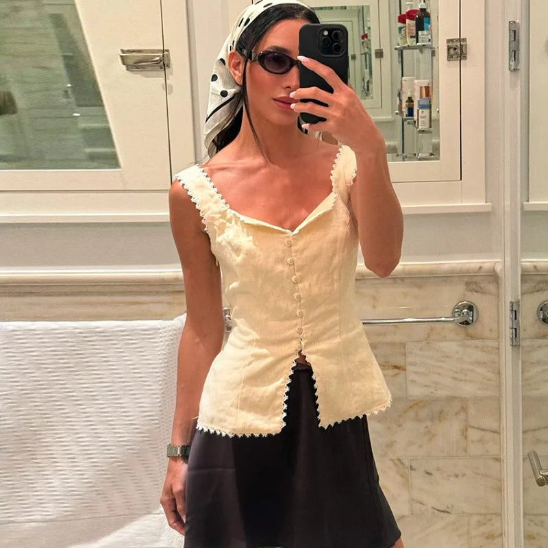 Women's Vintage Sleeveless Camisole Top Summer Slim Solid Crop Tops Party Casual Street Bodycon Button Cardigan Tank Top