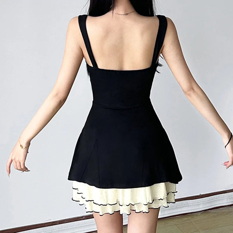 Elegant Fairycore Grunge Dress Women Hotsweet Pastel Goth Aesthetic Spaghetti Strap High Waist Patchwork A-line Dress