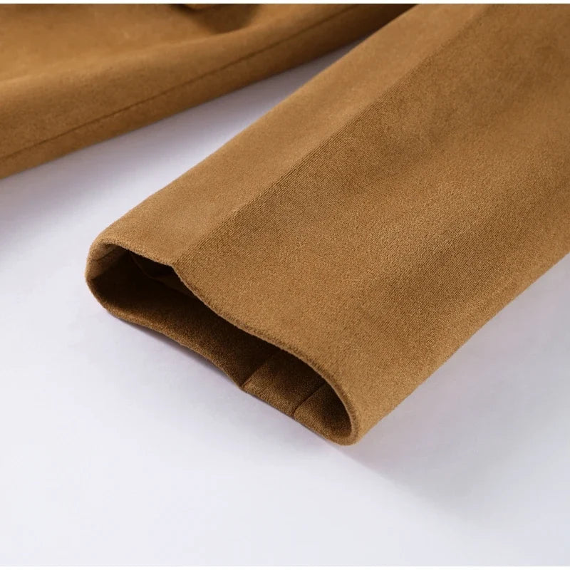 Retro Suede Female Jacket Chic Single Breasted Long Sleeve Lapel Loose Blazer Coat Women 2025 Spring High Street Lady Outerwear