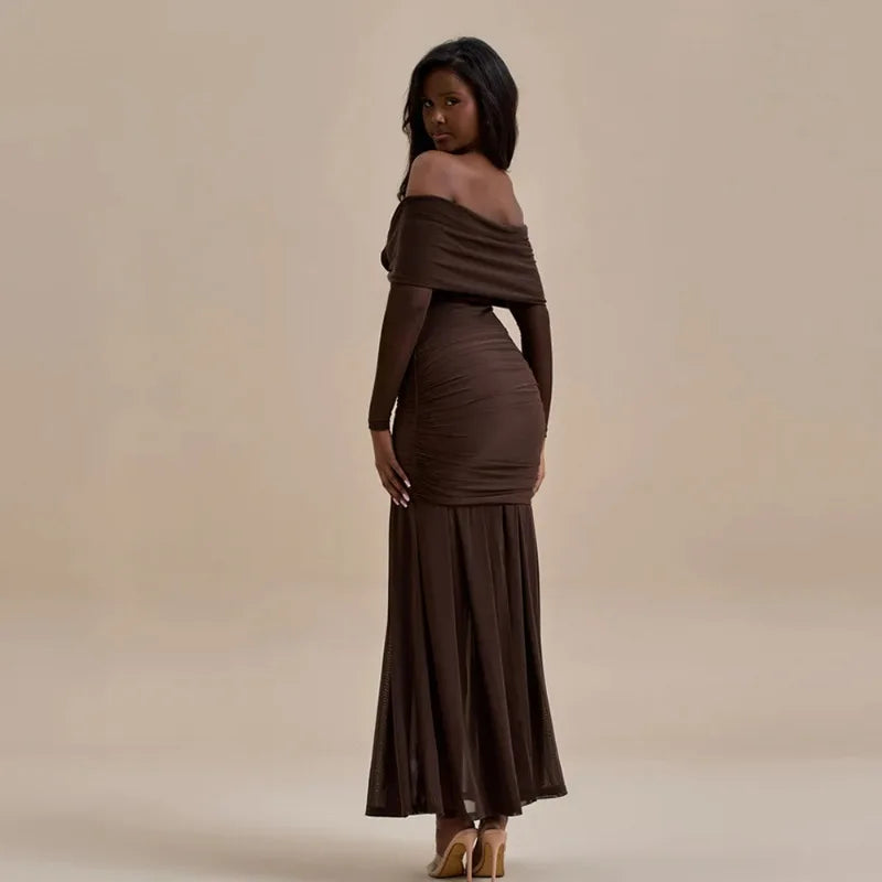 Off Shoulder Long Sleeve 3D Floral Rosette Mermaid Maxi Gown