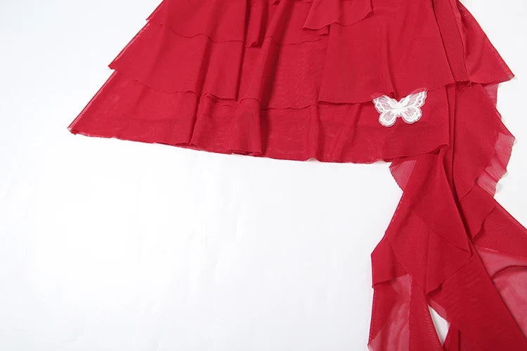 Chic Sexy 2-Piece Set Women Halter v-Neck Backless Folds Lace Vest+Tierred Tassels Butterfly Skirts Matching Party Suits