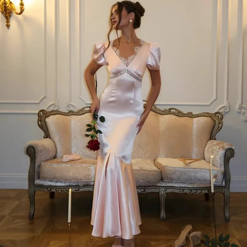 Fashion Satin Lace Long Dress Women V Neck Puff Sleeve Slim Elegant Luxury Party Evening Dress Female Mermaid Dress