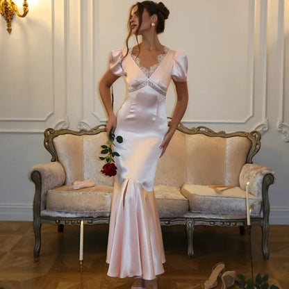 Fashion Satin Lace Long Dress Women V Neck Puff Sleeve Slim Elegant Luxury Party Evening Dress Female Mermaid Dress