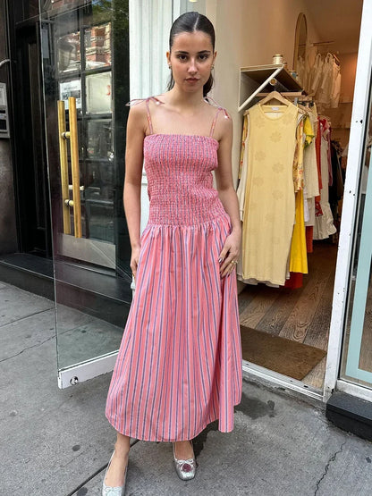 Summer Striped Holiday Long Dress Women Elegant Fashion Sleeveless Sling Dresses Female Casual Simple A-line Vestidos 2024 New