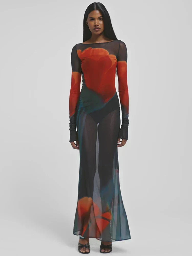 Boat Neck Thumbhole Sleeve Sheer Mesh Abstract Print Mermaid Maxi Gown