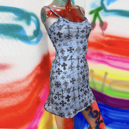 Summer Short Skirt European and American Style New Millennium Spicy Girl Pure Desire Retro Cross Blue Strap Dress for Women