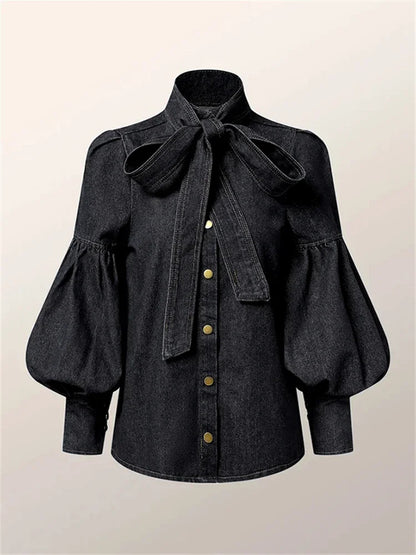 Female Stylish Tie Design High Neck Blouses New Autumn Fashion Imitation Denim Puff Sleeves Casual Shirts
