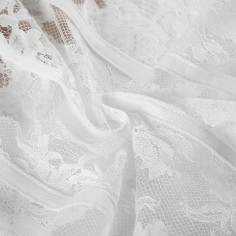 Elegant Fairy White Corset A-line Dress See Through Lace Square Collar Sexy Long Sleeve Short Dresses Aesthetic Sweet