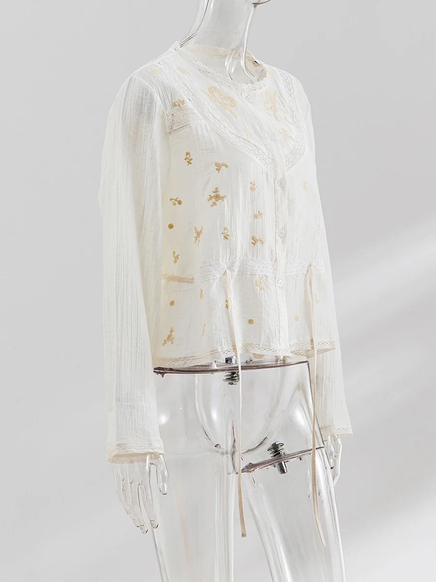 Solid Hollow Out Embroidery Blouse Women Spring Lace Trim O Neck Drawstring Blouses Elegant Casual Fashion Long Sleeve Shirt Top