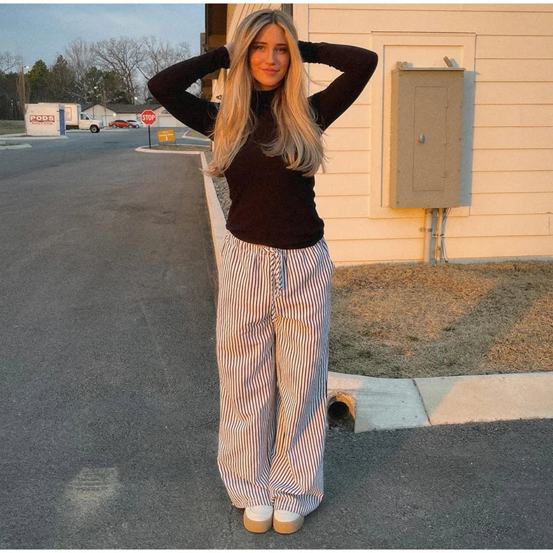 Striped Drawstring Wide Leg Pants Elastic Waist Lightweight Trousers for Summer Office Casual Vacation Wear Women Slack