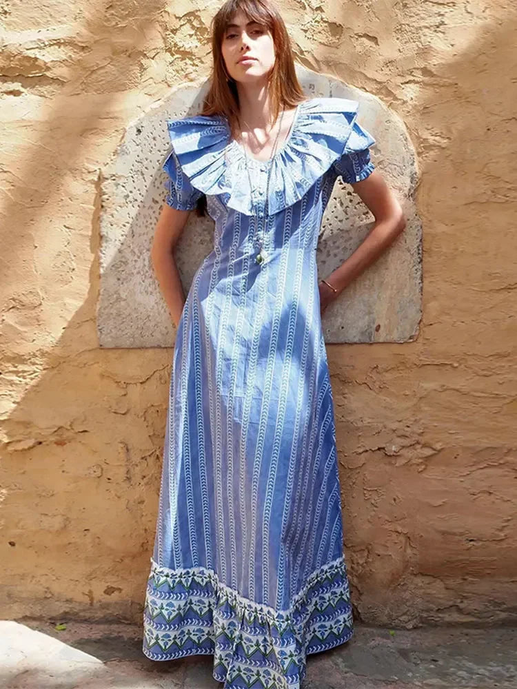 Fashion Stripe Print Ruffled Edge Button Maxi Dress Women V-neck Puff Short Sleeve Big Hem Dresses 2024 Female Party Club Robes