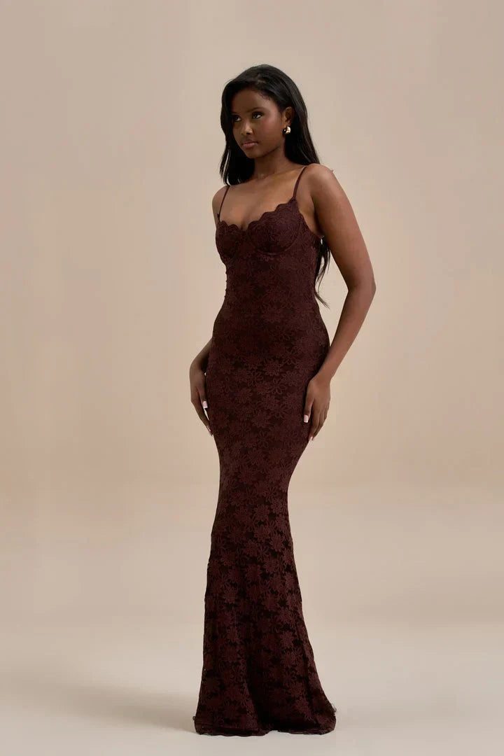 Sweetheart Spaghetti Strap Floral Lace Bustier Mermaid Maxi Gown
