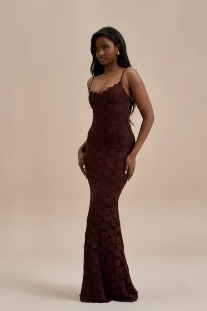 Sweetheart Spaghetti Strap Floral Lace Bustier Mermaid Maxi Gown