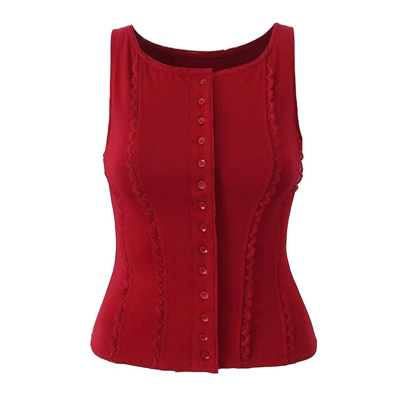 Red White Slim Tank Top Women Sleeveless O Neck Lace Spliced Summer Crop Top Streetwear ropa de mujer