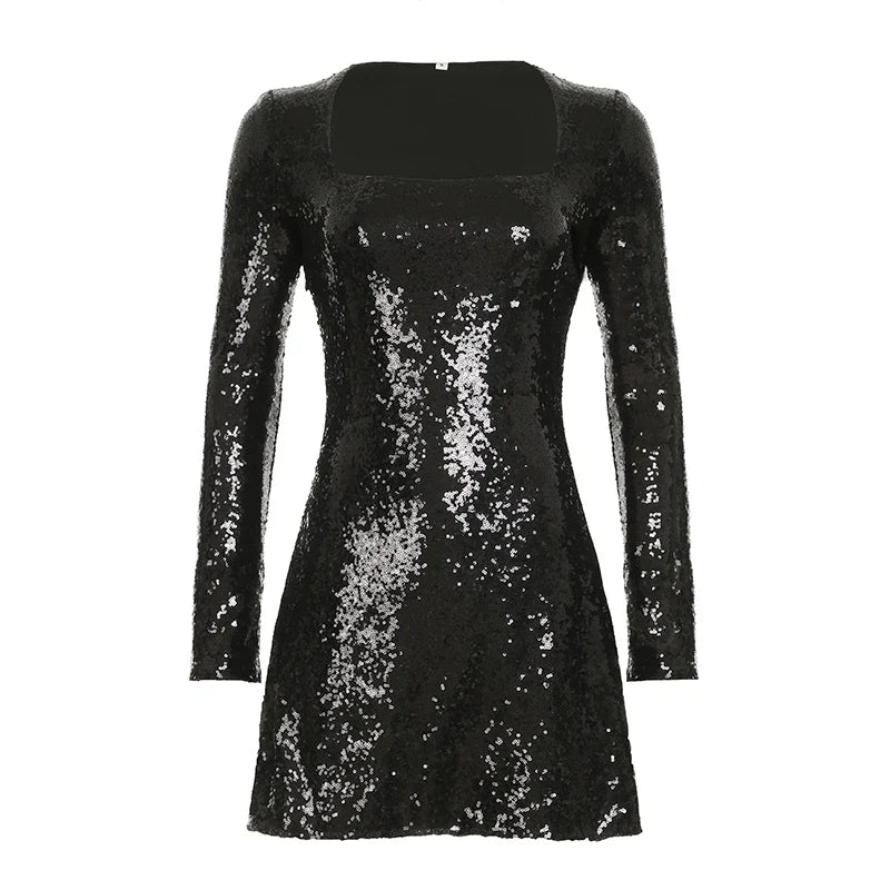 Elegant Black Sequins Dress Women's Bodycon Square Neck Autumn Party Dresses Chic Mature Outfits Bling Club Charming