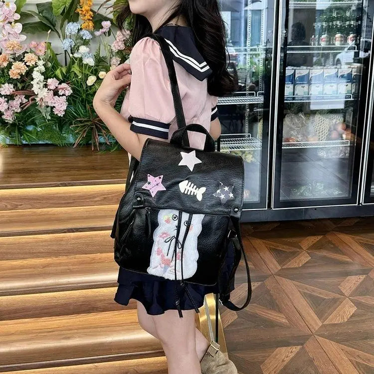 Soft Leather Star Y2K Academy Style Spicy Girl Backpack Fashion Causal PU Black Backpacks
