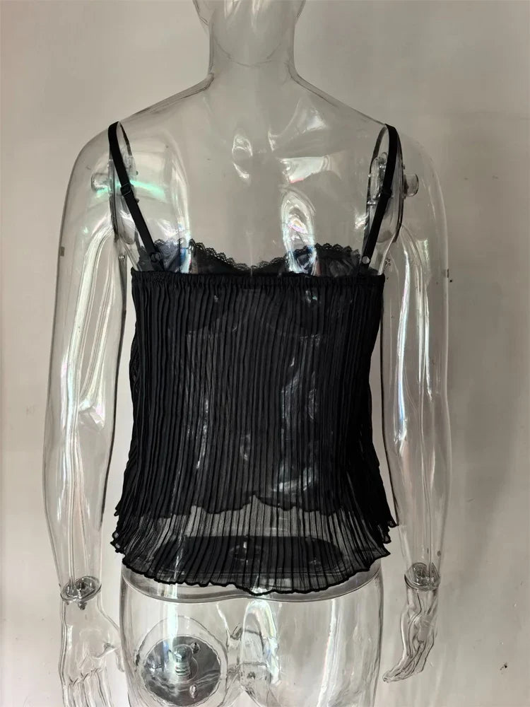 New Summer Beach Tops Sexy Lace Patchwork Gauze Sling Vest Women Chic Sleeveless Off-shoulder See Through Loose Top Lady