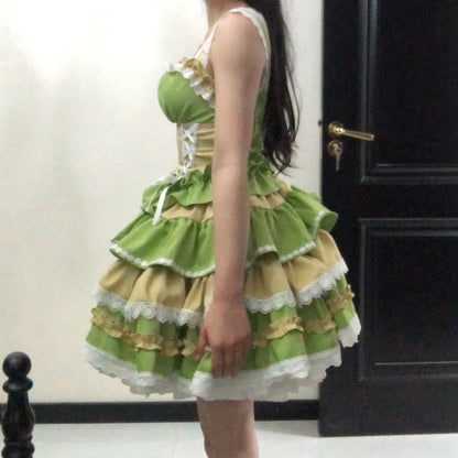 New Lolita Japanese Maid Suit Suspender Lace Bow Upper and Lower Suit Two-dimensional Sweet Cute Cos Comic Show Cake Skirt