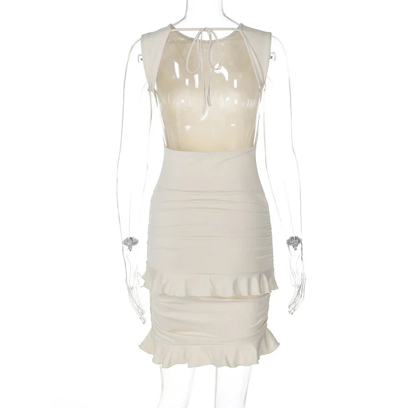 Sexy Backless Lace Mini Women's Dress Ruched Ruffles Sleeveless Elegant Y2K Outfits Solid Party Evening Dress Female