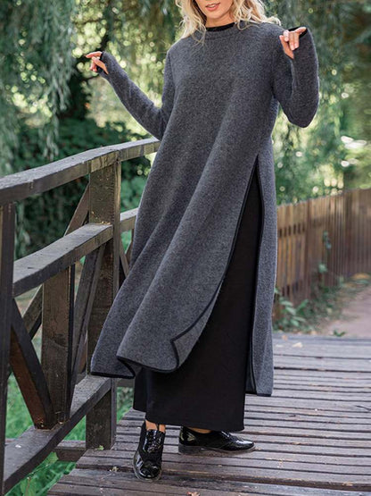 Knit Mock Neck Long Sleeve High Side Slit Oversized Maxi Sweater Dress