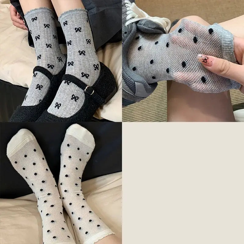 Summer Thin Bow Dot Lace Mid Tube Socks Versatile Mesh Hollow College Style Sweet Stacked Socks Japanese JK Calf Socks for Women
