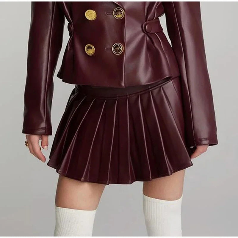 Double Breasted Faux Leather Blazer Pleated Mini Skirt Set