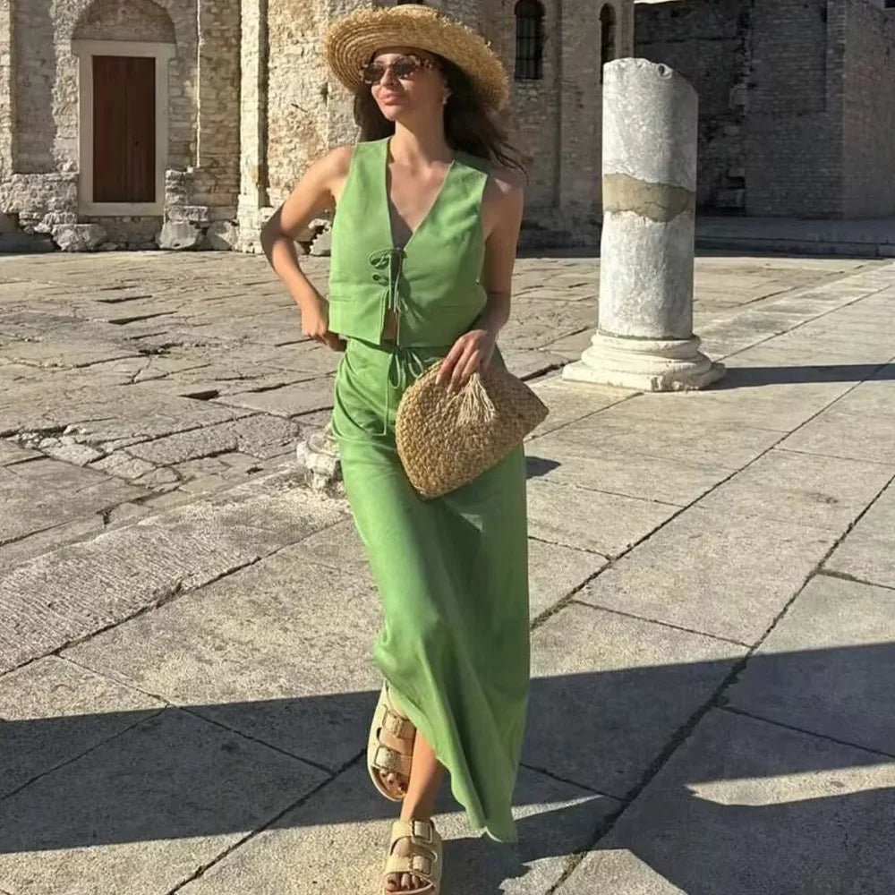 New Chic Tank Top And Long Skirts Set Summer Vest And Fashion Skirt Two Piece Set Green Vacation Casual Women Outfits