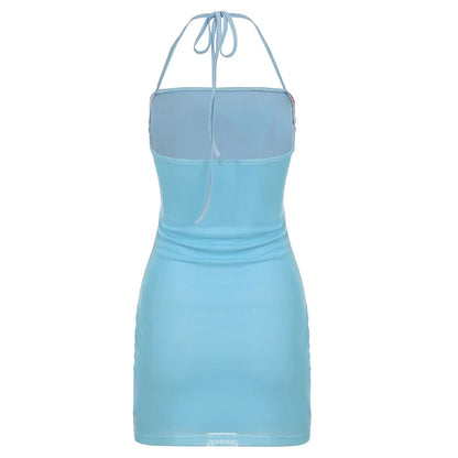 Holiday Style Floral Print Halter Mini Dress Summer Women Sexy Backless Slim Fit Bodycon Short Dress Boho Chic Outfit