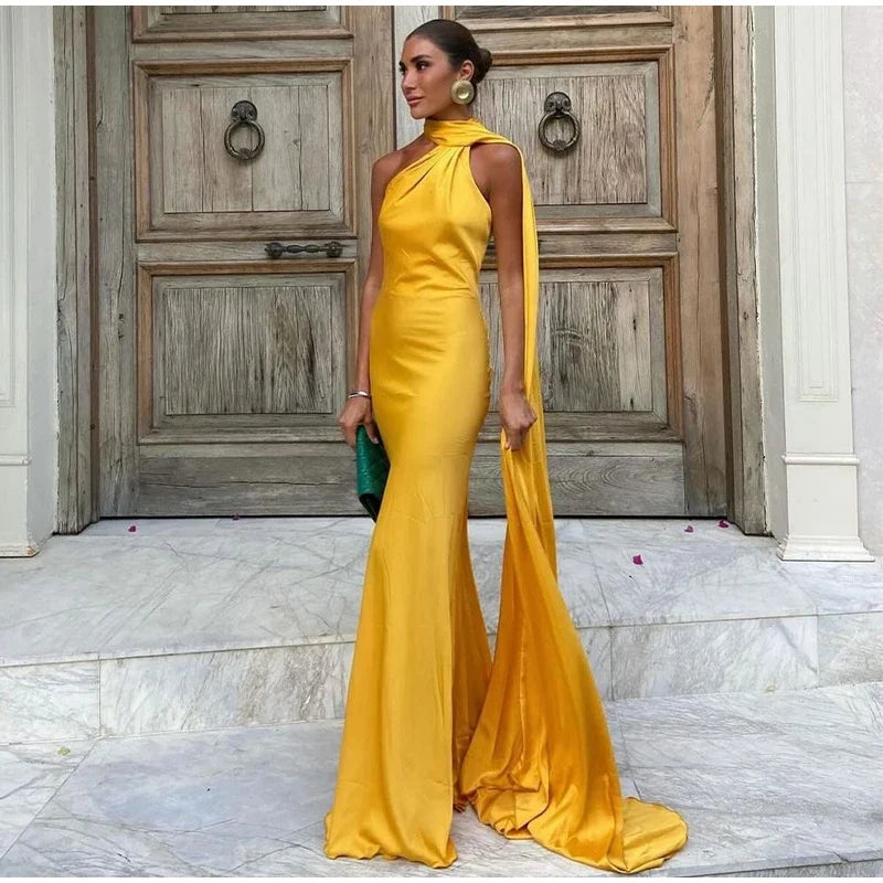 Halter Deep Scoop Back Cape Train Satin Maxi Gown