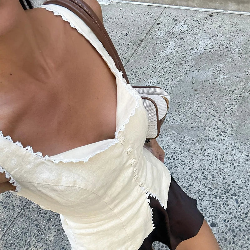 Women's Vintage Sleeveless Camisole Top Summer Slim Solid Crop Tops Party Casual Street Bodycon Button Cardigan Tank Top