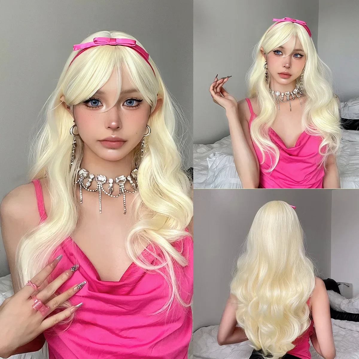 Ombre Blonde Wig with Bangs Long Wavy Wig for Women Highlight Platinum Curly Synthetic Wig Cosplay Party Daily Heat Resistant