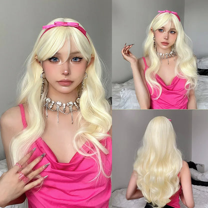 Ombre Blonde Wig with Bangs Long Wavy Wig for Women Highlight Platinum Curly Synthetic Wig Cosplay Party Daily Heat Resistant