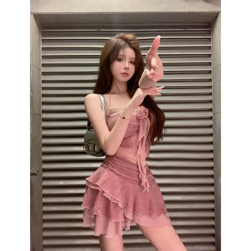 Sweet Hot Girl Knitted Suit Women's Summer Sexy Slim Fit Camisole Top High Waist Mini Skirt Two-piece Set Fashion Female Clothes