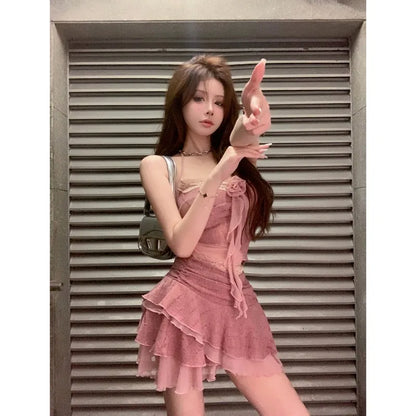 Sweet Hot Girl Knitted Suit Women's Summer Sexy Slim Fit Camisole Top High Waist Mini Skirt Two-piece Set Fashion Female Clothes