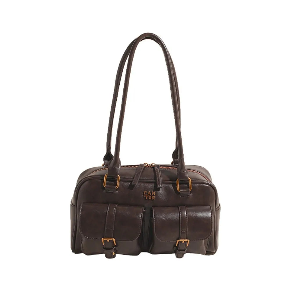 Fashion PU Leather Boston Shoulder Bag Large Capacity with Multi-Pockets Underarm Bag Solid Clutch Purse Girl