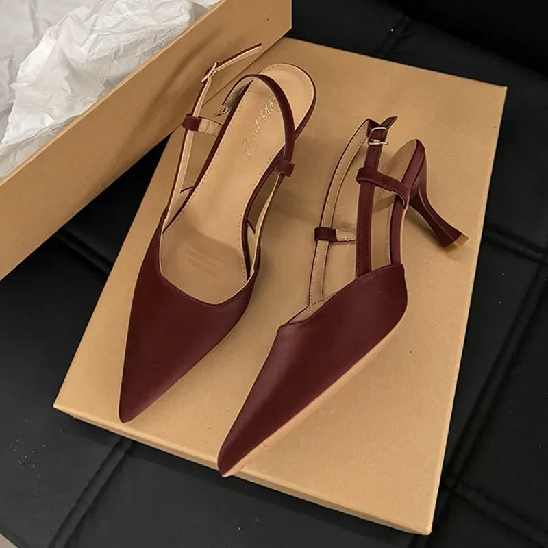 Red Street Style Sexy Pointed Toe Sandals Metal Buckle Strap Women Pumps Stripper Sandals Slingback Heels Ballet Flats Muj