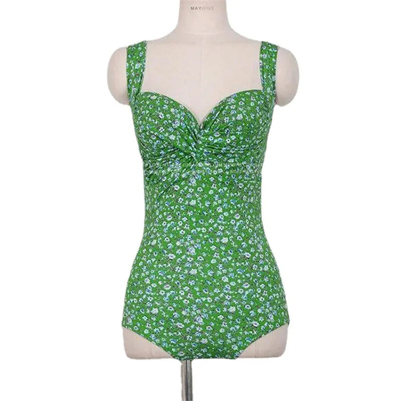 Women One Piece Swimsuit Korean Green Beach Wear Tummy Control Bathing Suit Female Floral Print Monokini Swimming Pool