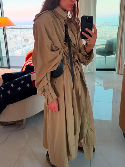 Women Solid Lace Up Windbreaker Fashion Long Sleeve Lapel Collar Loose Jacket Lady New Autumn Commuting High Street Outerwear