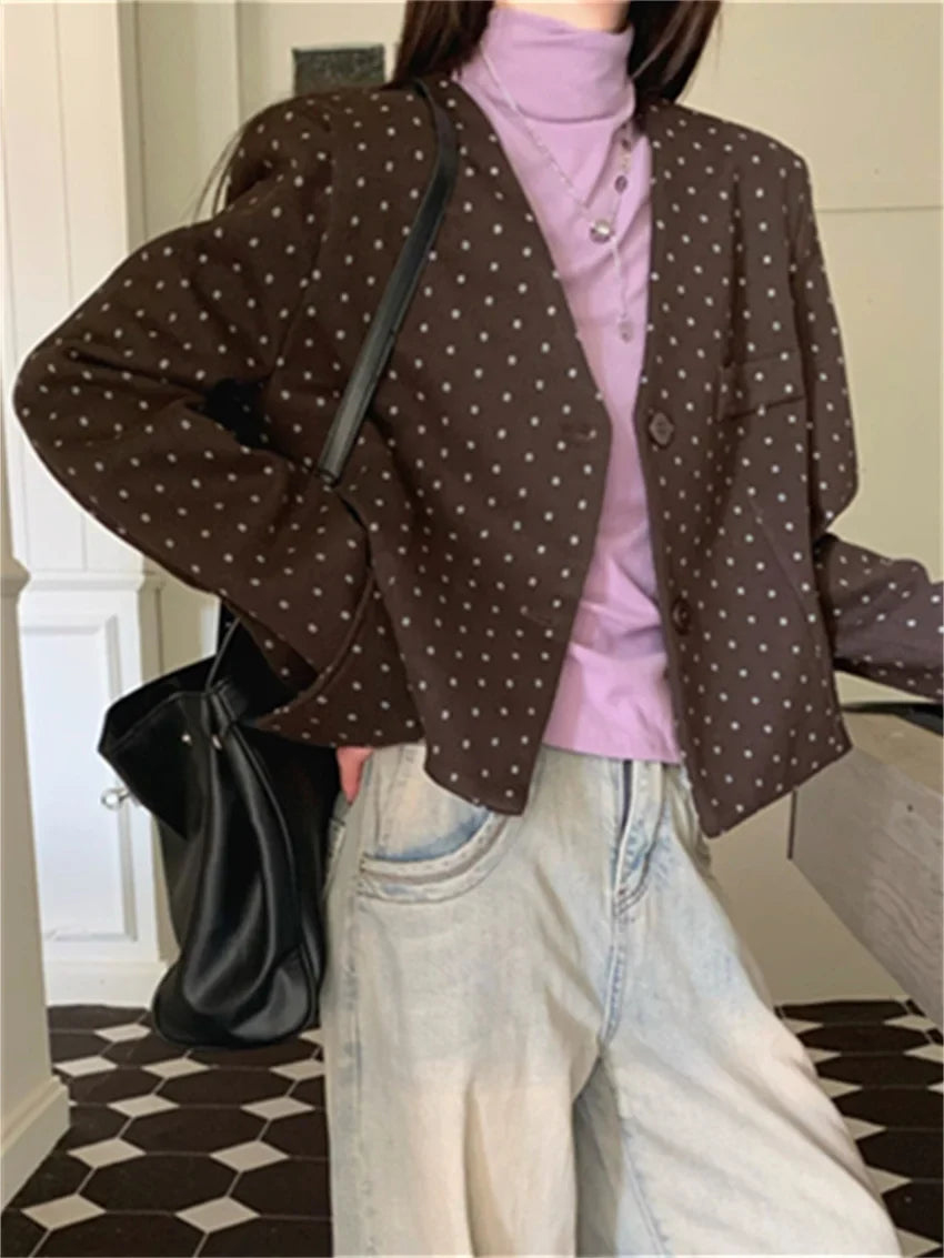 Office Lady Coats New Woolen Chic Elegant Women Autumn Polka Dots Slim High Street Casual Work Wear V-Neck
