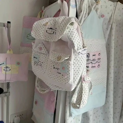 Japanese Sweet Girl Dot Backpack Patchwork Contrast Color Kawaii Cute Schoolbags Women Y2k Aesthetic Chic Backpacks for Students