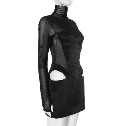 Sexy Cut Out Black Sheer Mesh Turtleneck Women Club Dresses 2025 Summer Fashion Patchwork Long Sleeve Y2K Dress Bodycon Mini