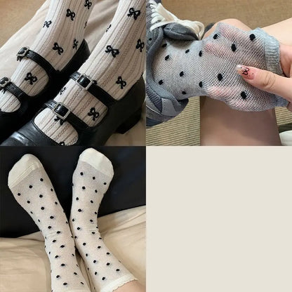 Summer Thin Bow Dot Lace Mid Tube Socks Versatile Mesh Hollow College Style Sweet Stacked Socks Japanese JK Calf Socks for Women