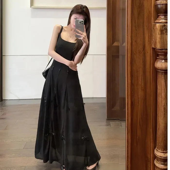 Blue Butterfly Knot Pure Desire Dress Versatile Beautiful Unique Elegant Long Skirt round Neckline Sleeveless Loose Waist