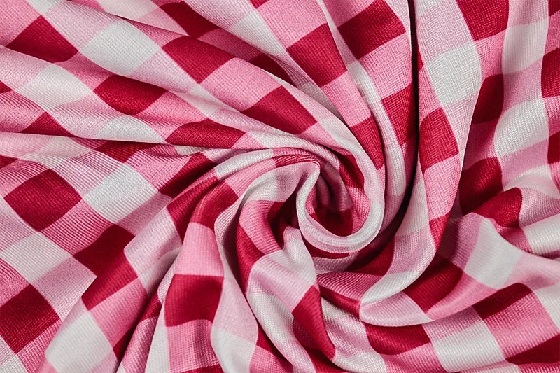 Cute Pink Checkered Mini Dress Square Neck Sleeveless Slim Waist Ruched Bubble Hem A-Line Summer Short Dress for Women